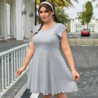 Plus Size Women Clothing Simple Solid Color Round Neck Stringy Selvedge Short Sleeve Mini Dress