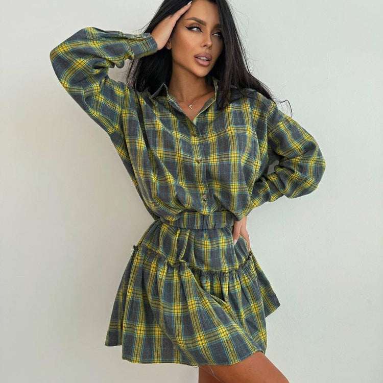Women Clothing Shirt High Waist Pleated Skirt Two Piece Set Spring Plaid Long Sleeve Shirt Outfit