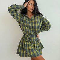 Women Clothing Shirt High Waist Pleated Skirt Two Piece Set Spring Plaid Long Sleeve Shirt Outfit
