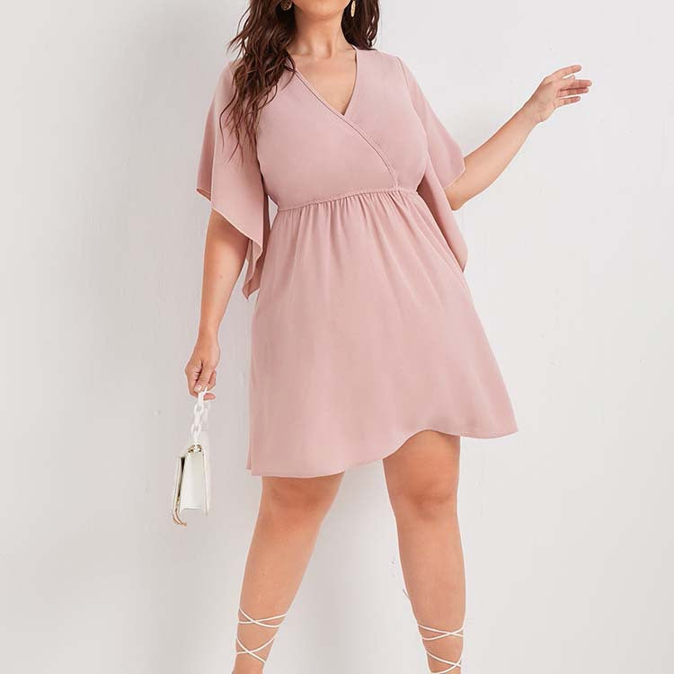Plus Size Slim Fit Office Elastic Waist Solid Color Short Retro Half Length Dress