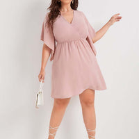 Plus Size Slim Fit Office Elastic Waist Solid Color Short Retro Half Length Dress