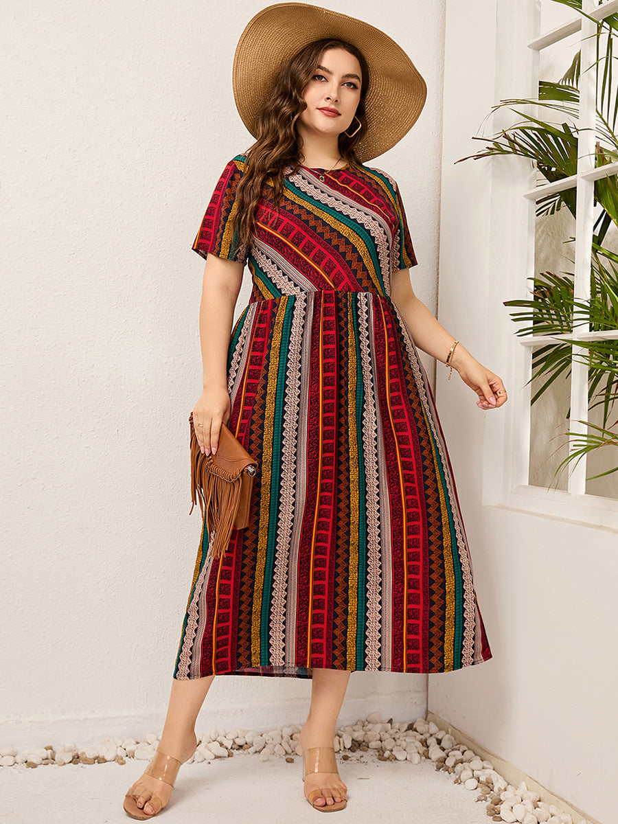 Plus Size Ladies Women round Neck Twill Stitching Casual Printed Short Sleeves Dress