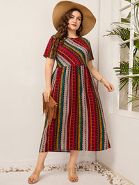 Plus Size Ladies Women round Neck Twill Stitching Casual Printed Short Sleeves Dress