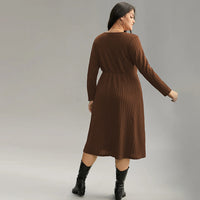 Plus Size Women Simple V Neck Dress Autumn Winter All Match Office Wind Dress