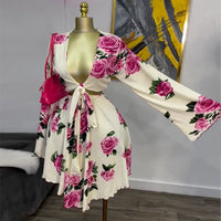Women Clothing Spring Sweet Fresh Printed V neck Flare Sleeve Tie Neck Shirt High Waist A line Skirt Two Piece Set