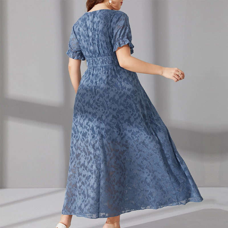 Plus Size Long Elastic Waist Drawstring Printed Dress Stitching