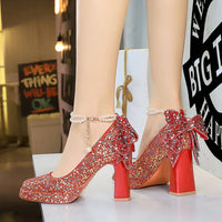 Sweet Pearl Ankle Strap High Heels Women Rhinestone Bow Square Head Waterproof Platform Thick Heel Pumps
