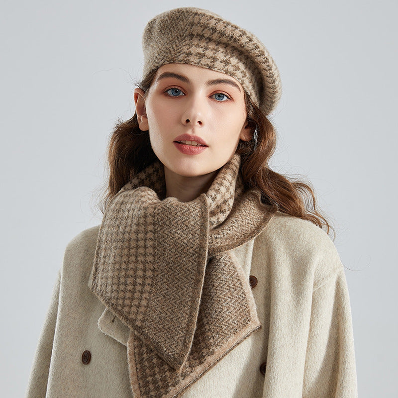 Chessboard Plaid Autumn Winter Knitting Beret Women Retro Flat Top Brimless Painter Hat