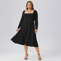 Plus Size Autumn Winter Women Square Collar Mid Length Waist Office Long Sleeve Dress