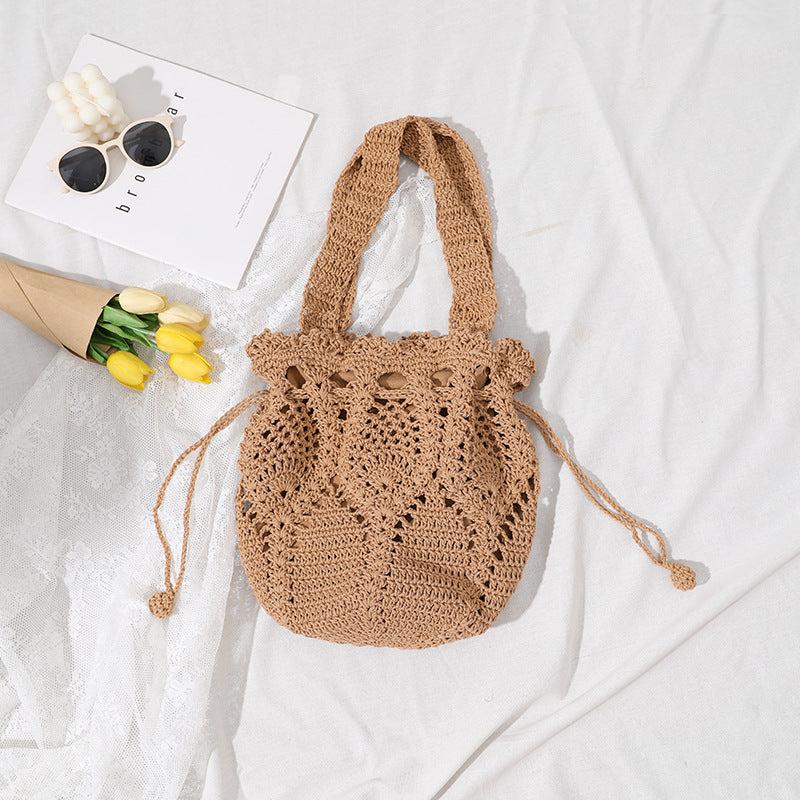 South Korea Cotton Thread Woven Bag Summer One Shoulder Portable Fairy Floral Bucket Straw Bag Vacation Beach Bag