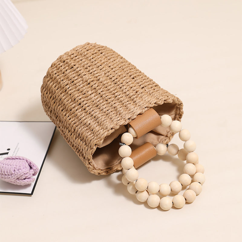 Cute Beaded Portable Straw Weaved Bag Bucket Hand Carrying Straw Bag Woven Bag Vacation Beach Bag Women
