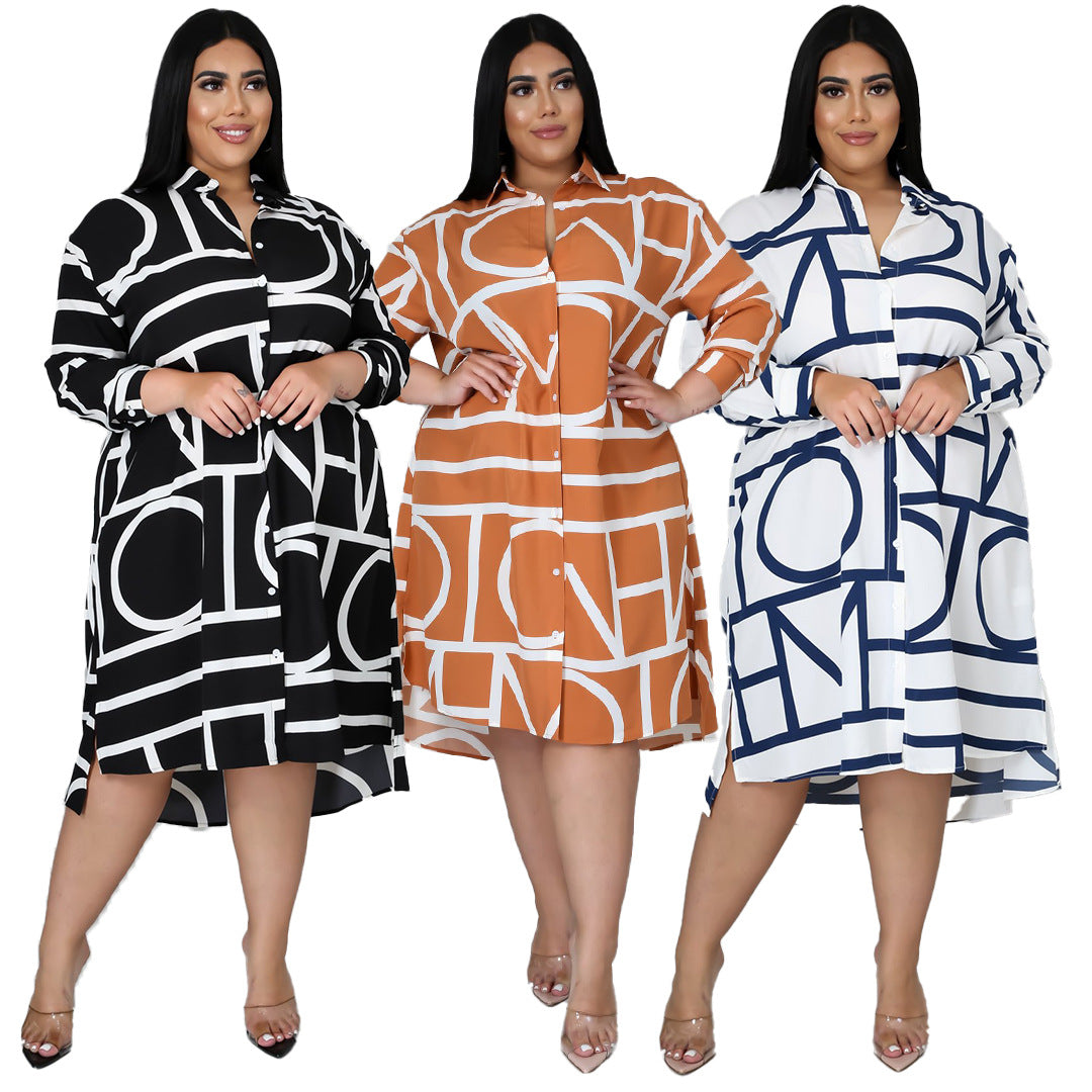 Plus Size Printing Pleating Waist Shirt Dress for Women