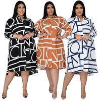 Plus Size Printing Pleating Waist Shirt Dress for Women