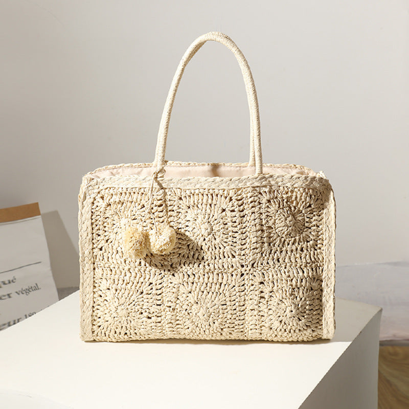 Hollow Out Cutout Straw Bag Large Capacity Fur Ball Hand Woven Bag Casual Women One Shoulder Handbag Beach Bag