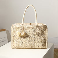 Hollow Out Cutout Straw Bag Large Capacity Fur Ball Hand Woven Bag Casual Women One Shoulder Handbag Beach Bag