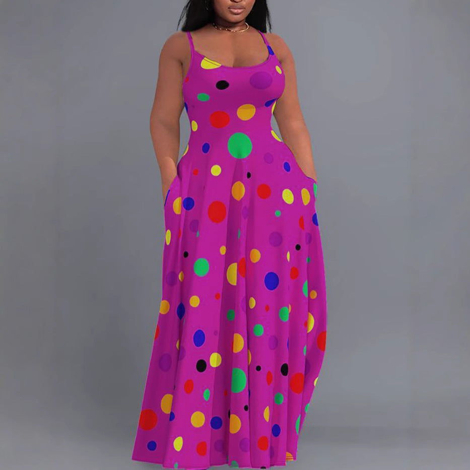 Plus Size Women Clothing Bright Eye Dotted Prints Spaghetti Strap Sling Dress