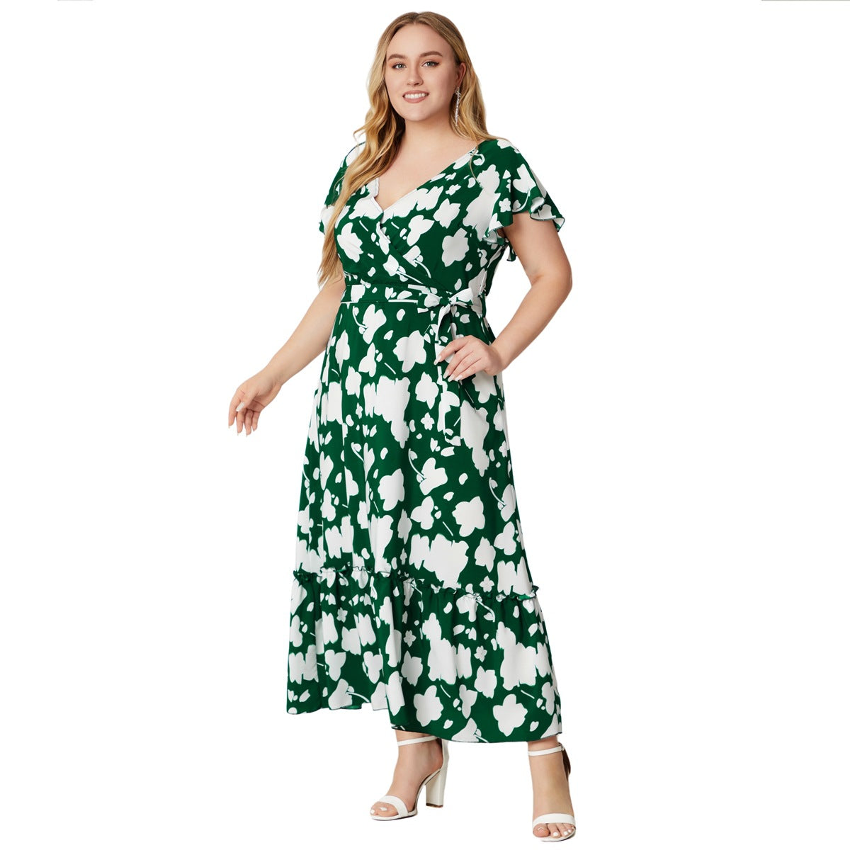 Plus Size Women Clothes V neck Printed Dress