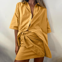 Graceful Fashionable Set Design Lace up Skirt Loose Short Sleeved Collared Shirt Two Piece Set for Women