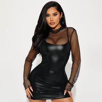 Women Mesh Long Sleeved Two Piece Sling Tight Sheath Sexy Mini Dress Set