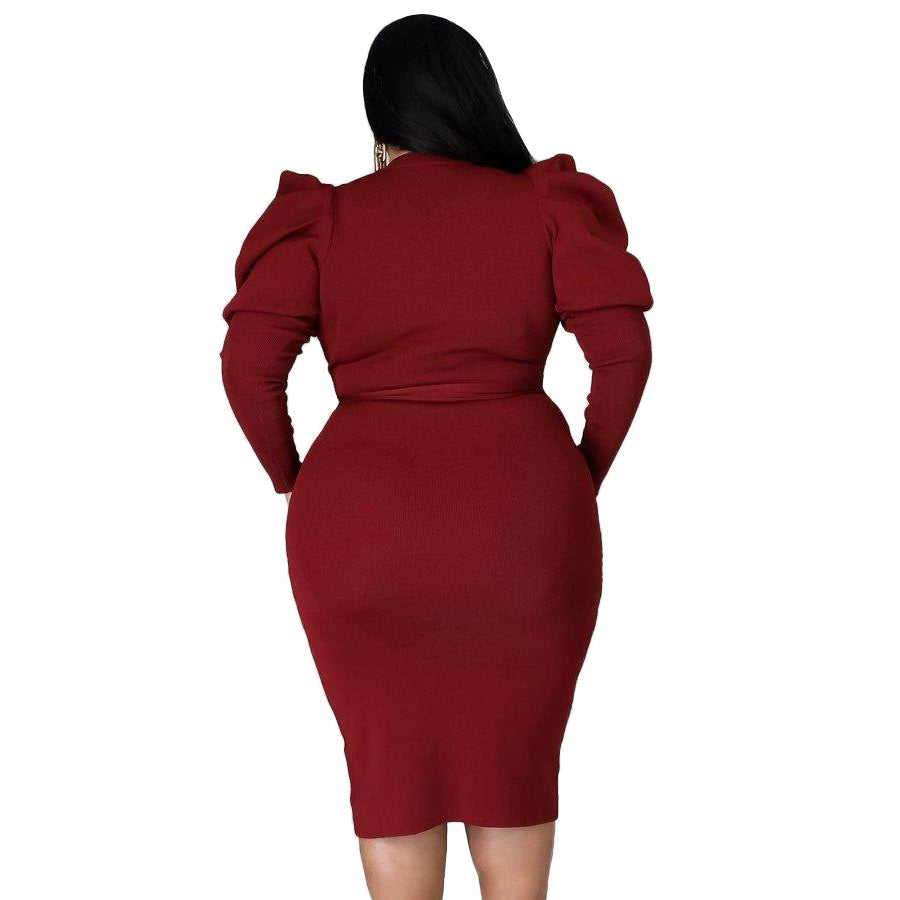 Plus Size Women Clothing Long Sleeve Belt Slim Fit Dress