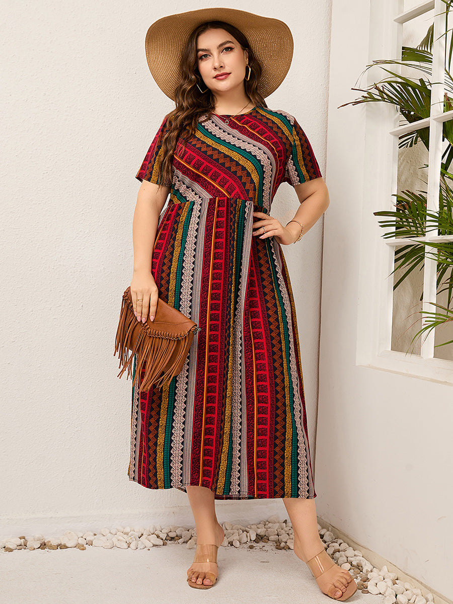 Plus Size Ladies Women round Neck Twill Stitching Casual Printed Short Sleeves Dress