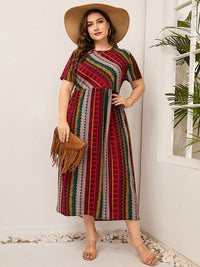 Plus Size Ladies Women round Neck Twill Stitching Casual Printed Short Sleeves Dress