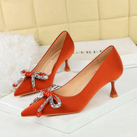 Light Luxury Rhinestone Bow Pointed Stiletto Mid Heel Satin Pumps Wine Cup Heel Women Shoes