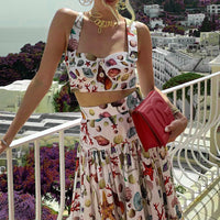 Women Clothing Women Printed Beach Vest Skirt Two Piece Set