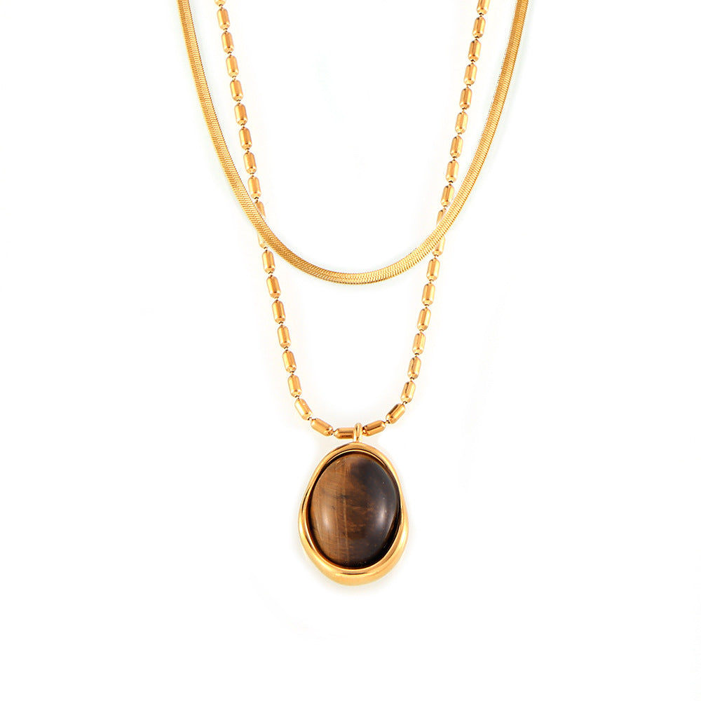 Maillard Simple Grace Personality M Bead Chain Ornament Irregular Asymmetric round Brand Tigereye Embellished Titanium Steel Necklace