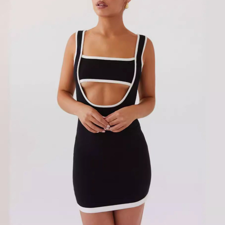 Square Collar Hollow Out Cutout out Woolen Sling Dress Backless Sexy Hip Dress