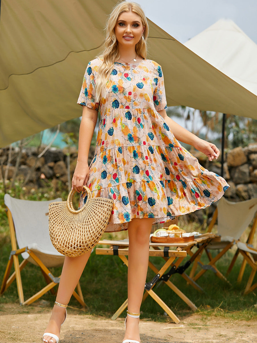 Plus Size Summer Casual round Neck Short Sleeves Printed Multi-Layer Stitching Big Swing Dress Dress