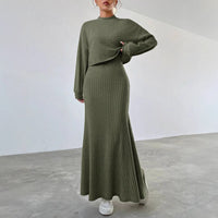 Autumn Winter Solid Color Elegant Super Long Vest Dress Batwing Long Sleeve T Needle Woven Two Piece Set