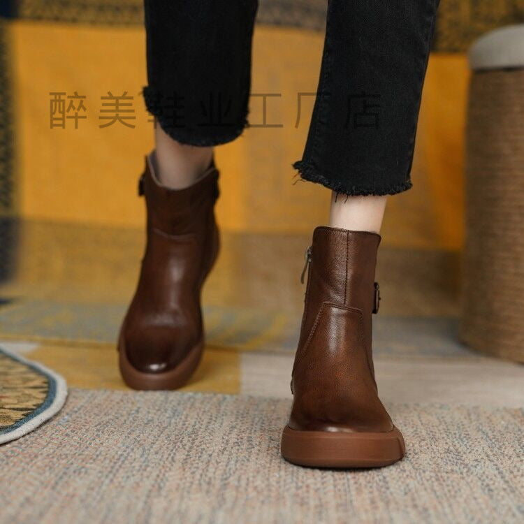 Women Platform Single Layer Boots Retro Flat Bottom Ankle Boots