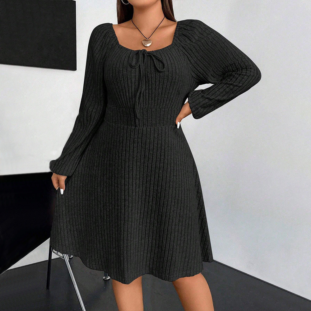 Plus Size Autumn Winter Women Clothing Square Collar Long Sleeve Waist Mini Fleece Sunken Stripe Dress