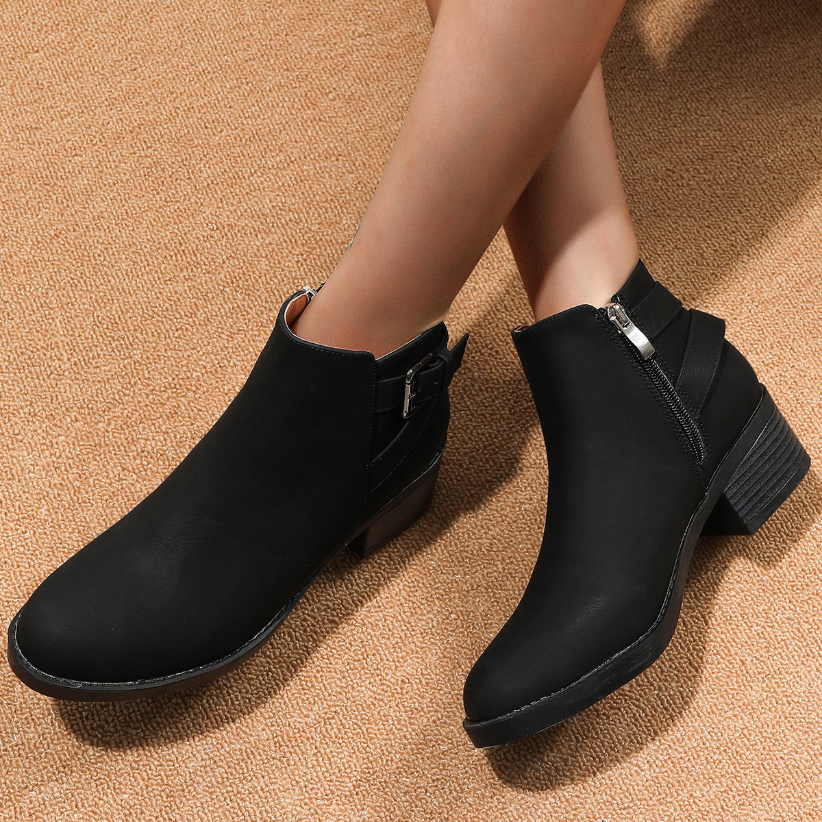 Autumn Winter Round Head Martin Boots Women Zipper Plus Size Chunky Mid Heel Booties Women