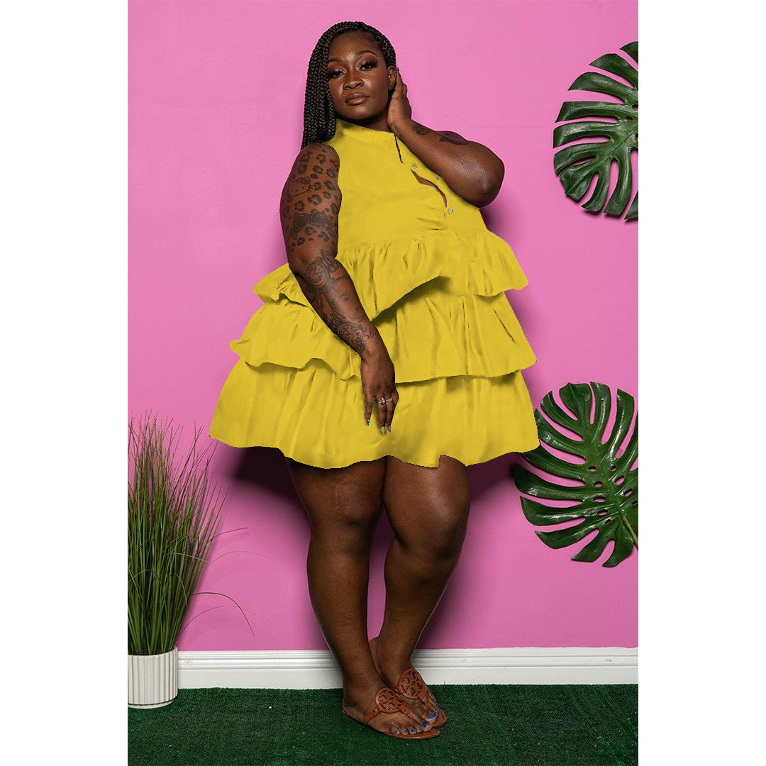 Plus Size Plus Size Women Solid Color Buttons Sleeveless tiered dress