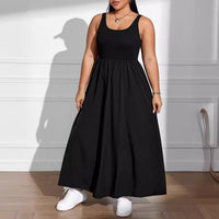 Plus Size Women Collar Sleeveless Dress Fitted Waist Vest Solid Color Midi Dress