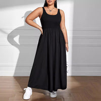Plus Size Women Collar Sleeveless Dress Fitted Waist Vest Solid Color Midi Dress