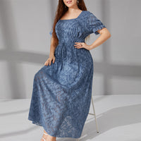 Plus Size Long Elastic Waist Drawstring Printed Dress Stitching