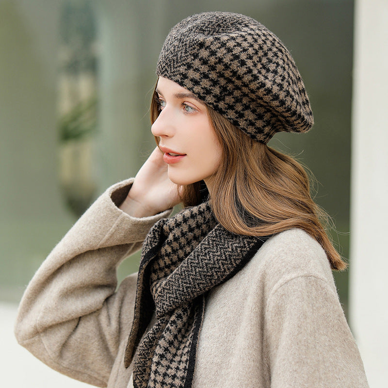 Chessboard Plaid Autumn Winter Knitting Beret Women Retro Flat Top Brimless Painter Hat