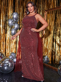 Plus Size Sequin Sling Double Shoulder Strap Sleeveless Mesh Stitching Prom Evening Dress