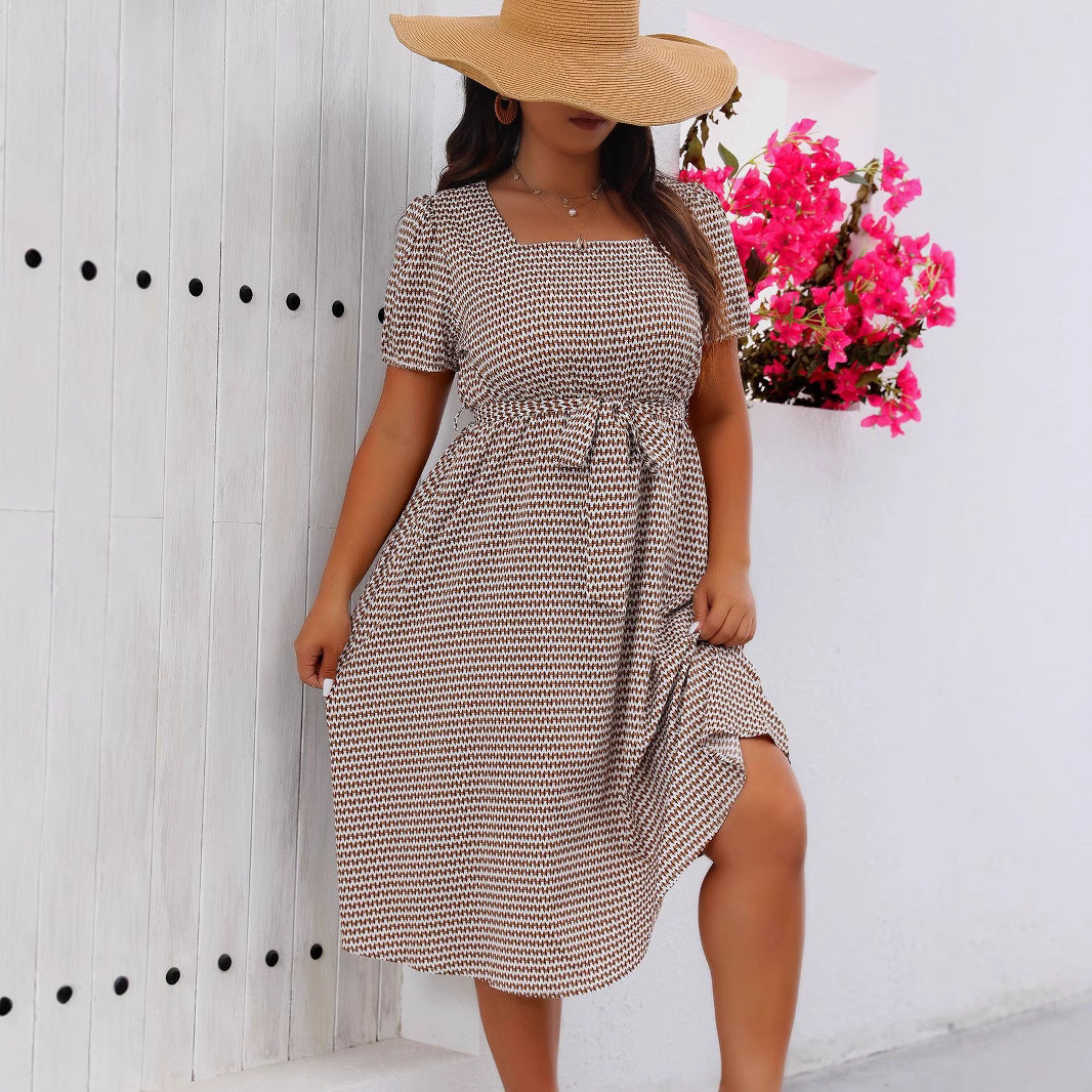 Plus Size Women Clothing Elegant Graceful Square Collar Lace up Small Plaid Large Swing Dress