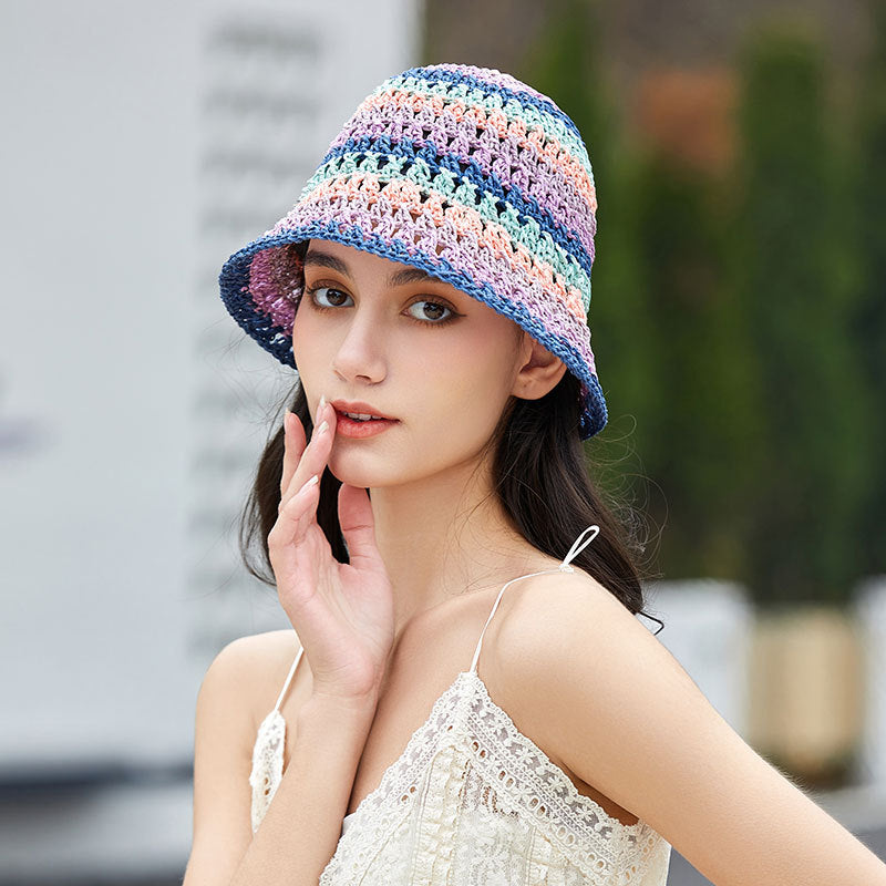 Women Colorful Woven Straw Hat Spring Summer Hollow Out Cutout out Bucket Hat Breathable Face Looking Small Bucket Hat Bucket Hat Sun Protection Hat