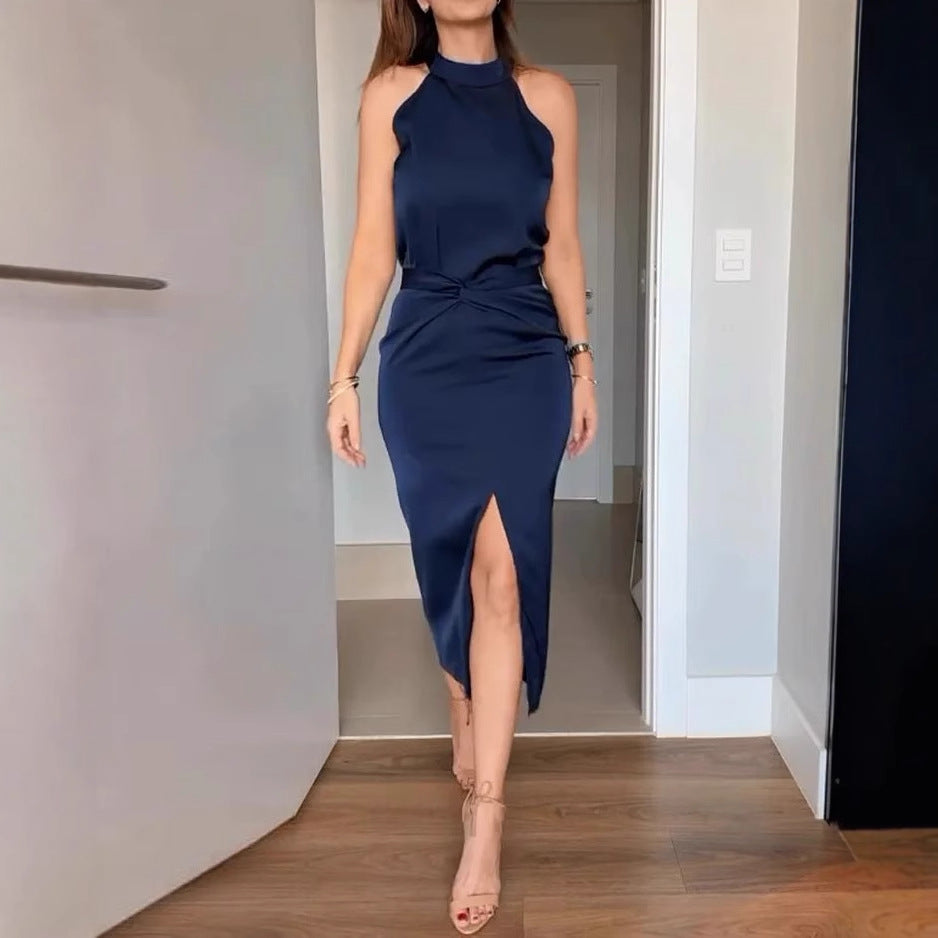 Women Sleeveless Twisted Solid Color Casual Two Piece Set