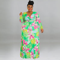 plus Size Women Printed Sexy V neck Lace up Waist Tight Dress