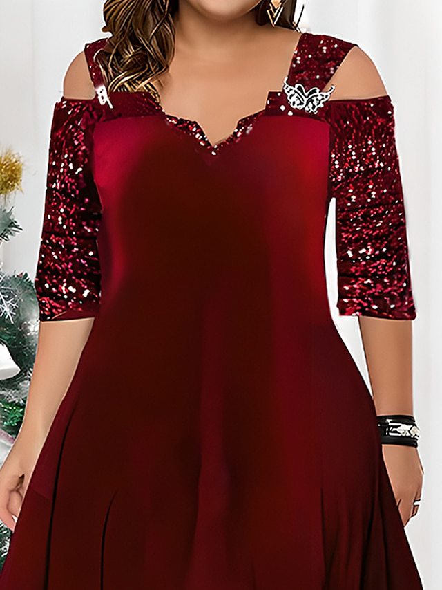 plus Size Solid Color Sequin Large Swing Dress Autumn Clothes plus Size Women Clothes Maxi Dress