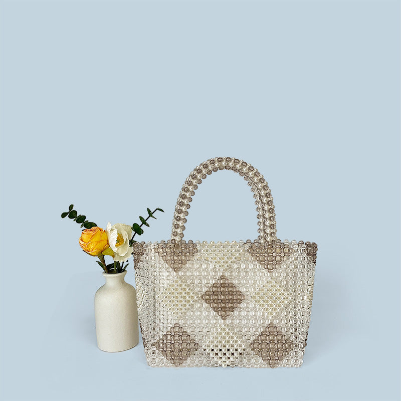 Diamond Patterns Handmade Women Woven Bag Hand Carrying Vegetable Basket Bag Large Capacity Beaded Bag