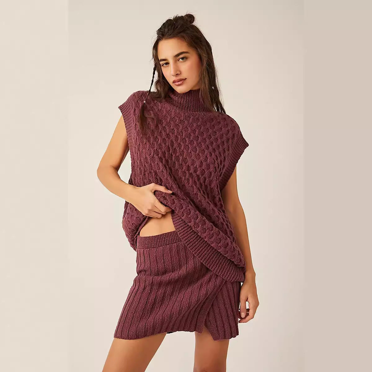 Autumn Winter Women Solid Color Sleeveless Casual Loose Woolen Top Sexy Skirt Two Piece Sets