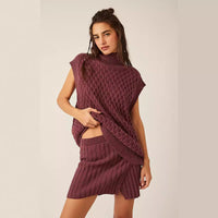Autumn Winter Women Solid Color Sleeveless Casual Loose Woolen Top Sexy Skirt Two Piece Sets