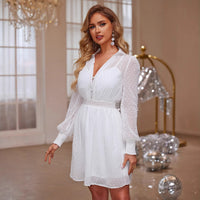 Autumn Arrival Women Clothing Dress V neck Buttons Long Sleeve Solid Color Sweet Waist Mesh